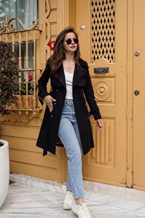 Pastelastore %100 Pamuk Gabardin Midi (95cm) Astarlı Kemerli Kadın Trençkot 1113