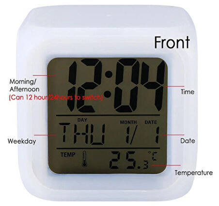 oddity 7 Renk Xxl Alarmlı Dijital Küp Lcd Işıklı Saat 8x8x8 Cm Xxl Çocuk Odası Hafıza Pilli