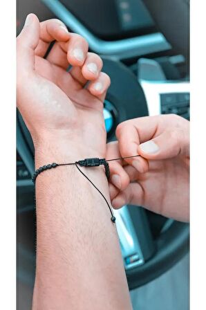 Siyah Doğal Taşlı Ayarlanabilir Makrome Bileklik