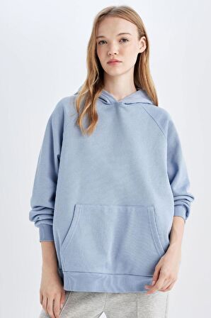 DeFacto Oversize Geniş Kalıp Kapüşonlu Kanguru Cepli Kalın Basic Düz Sweatshirt C7805AX24WNBE755
