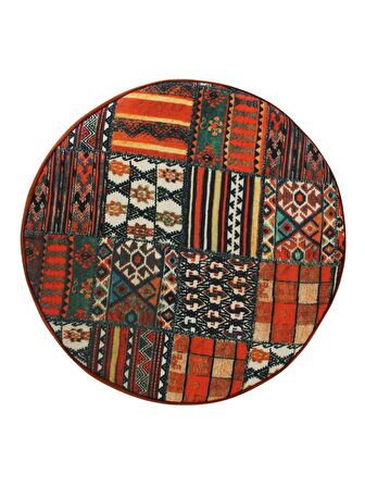 Arasta Ece Yuvarlak Puf Tabure Masif Bacak-Kilim Tarçın