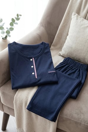 Kadın Pamuklu Uzun Kollu Üç Düğmeli Biyeli Soft Örme Yumuşak Pijama Takımı
