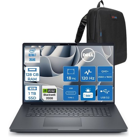 Dell Pro Max 18 Plus Ultra 7 265HX Ddr5 128GB 1tb SSD 8GB/RTXPRO2000 Gddr7 18" Qhd+ 2560X1600 120Hz 500NITS Wifi 7 + Bt5.4 Freedos Kurumsal Iş Bilgisayarı MB18250X2F42 + Zettaçanta