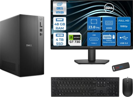 Dell Tower ECT1250 Intel Core I5 14400 48GB Ddr5 4tb SSD 2GB/GT730 23.8" Mon WIN11HOME Kurumsal Masaüstü Bilgisayar 730ECT125014M23H20 + Zettausb