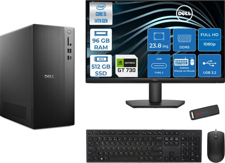 Dell Tower ECT1250 Intel Core I5 14400 96GB Ddr5 512GB SSD 2GB/GT730 23.8" Mon WIN11HOME Kurumsal Masaüstü Bilgisayar 730ECT125014M23H29 + Zettausb