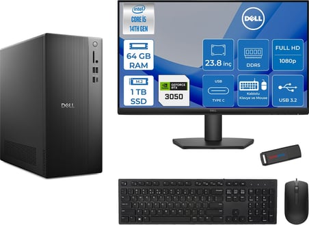 Dell Tower ECT1250 Intel Core I5 14400 64GB Ddr5 1tb SSD 6GB/RTX3050 23.8" Mon WIN11HOME Kurumsal Masaüstü Bilgisayar 3050ECT125014M23H22 + Zettausb