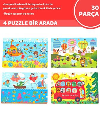 Kademeli Taşıtlar Baby Puzzle | 4 Puzzle 1 Arada | 30 Parça 18+ Ay