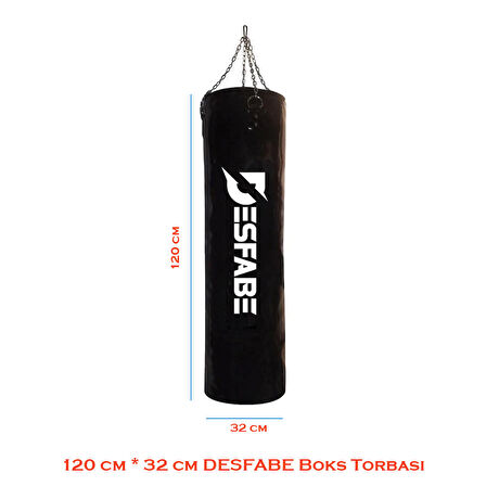 Desfabe Boxing Star 120x32 Cm Zincirli Boks Kum Torbası Siyah+Askı Aparatı+El Sargı Bandajı