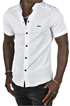 DeepSEA Erkek Beyaz Gofre Kumaş Hakim Yaka Slim Fit Likralı Çıtçıtlı Kısa Kollu Gömlek 2403018