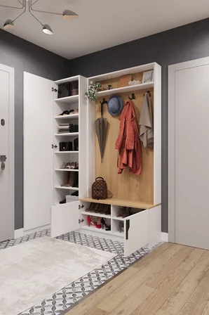 Lüks Çok Raflı Portmanto Askılı Vestiyer %100 MDF Çok Raflı Ayakkabılık V01