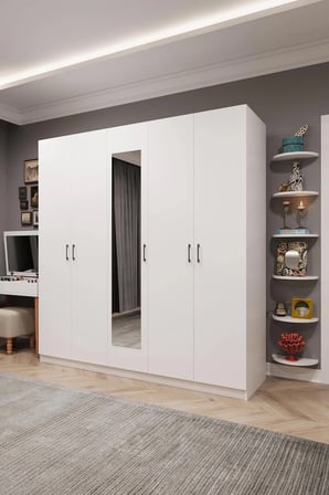 Asra Trend MDF 5 Kapaklı, 2 Çekmeceli, Aynalı Gardırop - 200x208x53cm, Geniş Kıyafet Dolabı, G-04