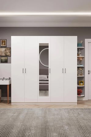 Asra Trend MDF 5 Kapaklı, 2 Çekmeceli, Aynalı Gardırop - 200x208x53cm, Geniş Kıyafet Dolabı, G-04