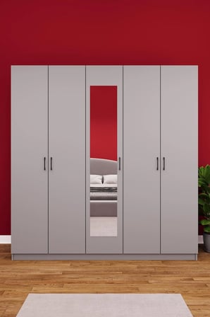 Asra Trend MDF 5 Kapaklı, 2 Çekmeceli, Aynalı Gardırop - 200x208x53cm, Geniş Kıyafet Dolabı, G-04