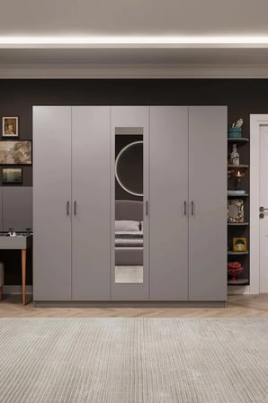 Asra Trend MDF 5 Kapaklı, 2 Çekmeceli, Aynalı Gardırop - 200x208x53cm, Geniş Kıyafet Dolabı, G-04