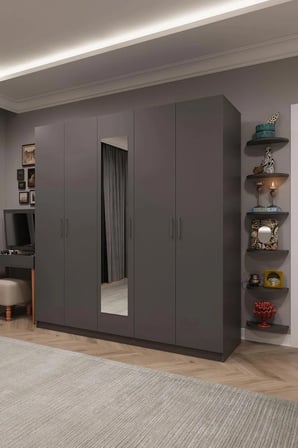 Asra Trend MDF 5 Kapaklı, 2 Çekmeceli, Aynalı Gardırop - 200x208x53cm, Geniş Kıyafet Dolabı, G-04