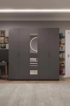 Asra Trend MDF 5 Kapaklı, 2 Çekmeceli, Aynalı Gardırop - 200x208x53cm, Geniş Kıyafet Dolabı, G-04