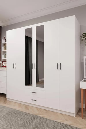 Asra Trend MDF 6 Kapaklı, 2 Çekmeceli, 2 Aynalı Gardırop - 240x208x53cm, Geniş Kıyafet Dolabı, G-05