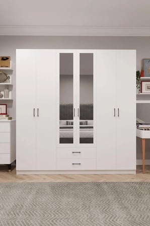 Asra Trend MDF 6 Kapaklı, 2 Çekmeceli, 2 Aynalı Gardırop - 240x208x53cm, Geniş Kıyafet Dolabı, G-05
