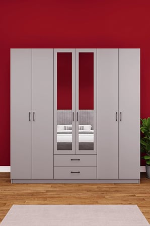 Asra Trend MDF 6 Kapaklı, 2 Çekmeceli, 2 Aynalı Gardırop - 240x208x53cm, Geniş Kıyafet Dolabı, G-05
