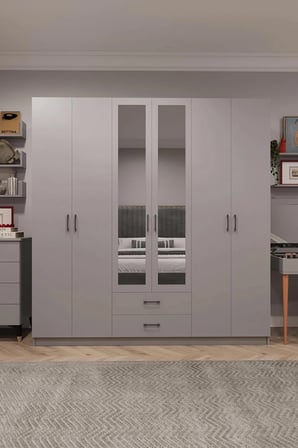 Asra Trend MDF 6 Kapaklı, 2 Çekmeceli, 2 Aynalı Gardırop - 240x208x53cm, Geniş Kıyafet Dolabı, G-05