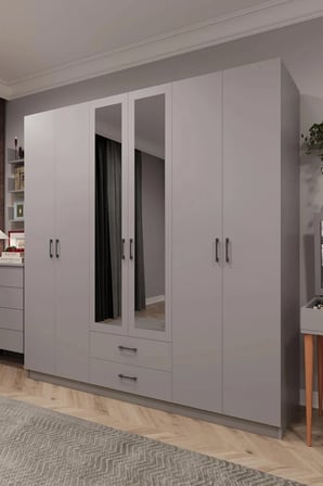 Asra Trend MDF 6 Kapaklı, 2 Çekmeceli, 2 Aynalı Gardırop - 240x208x53cm, Geniş Kıyafet Dolabı, G-05
