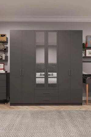 Asra Trend MDF 6 Kapaklı, 2 Çekmeceli, 2 Aynalı Gardırop - 240x208x53cm, Geniş Kıyafet Dolabı, G-05