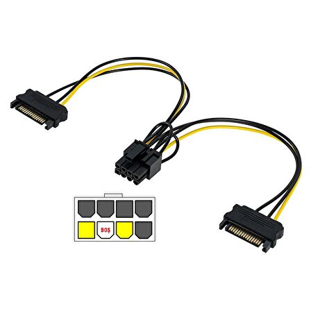 8 pin (6 + 2) PCI-E dişi to 2x 15 pin sata erkek güç kablosu 30 cm 