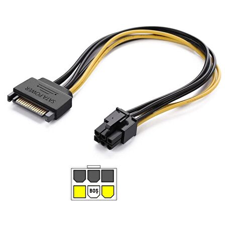 6 pin PCI-E dişi to 15 pin sata erkek power güç kablosu 30 cm 