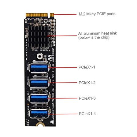 M.2 Mkey PCI E to 4port usb 3.0 1x riser çoklayıcı kart