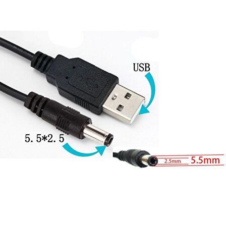 usb 2.0 to 5.5 x 2.5 mm dc 5v power güç kablosu  1m