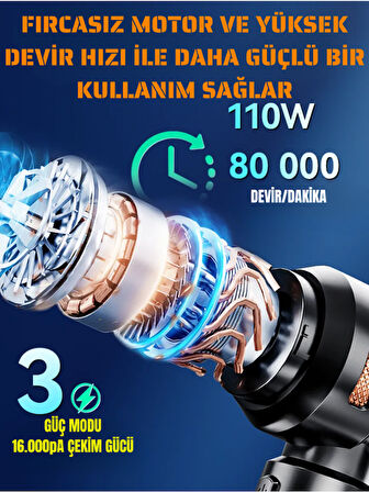 Şarjlı Araç Süpürgesi 16000 Pa Güçlü Emiş Üfleme ve Çekme,9 Başlıklı, Ev ve Araba