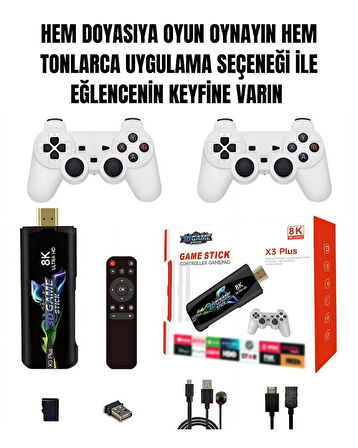 8K TV Stick 64 GB Retro Oyun Konsolu 20.000 Oyun, Çift Kollu, HDMI Atari TV Box