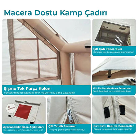 6 Kişilik 6.3m2 Su,Rüzgar ve Kar Geçirmez 420D Oxford Kumaşlı 4 Mevsim Şişme Çadır 300*210*200cm