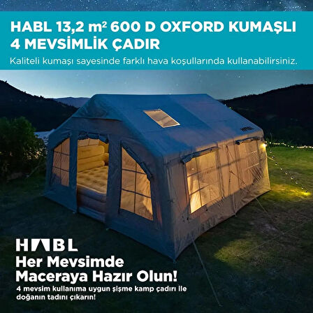 13 Kişilik 13.2m2 Su,Rüzgar ve Kar Geçirmez 600D Oxford Kumaşlı 4 Mevsim Şişme Çadır 367*360*220cm