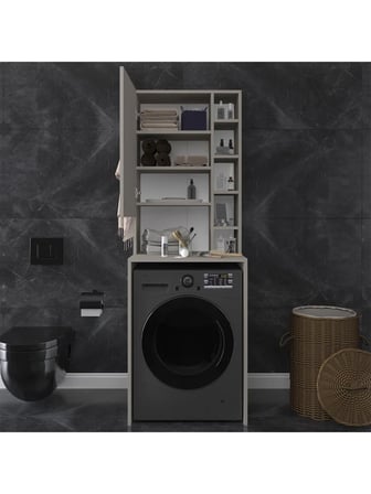 Asra Trend MDF Çamaşır Makinesi Üstü Banyo Dolabı - Kapaklı Depolama, Raflı Düzenleyici, BD-02