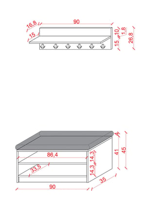 Asra Trend MDF Puflu Ayakkabılık ve Askılık – 90 cm Portmanto Seti, Modern, 2 Raflı, A-34