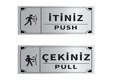 Mayeka İtiniz - Çekiniz Dikdörtgen İkili Levha Set Gümüş Metal Yönlendirme Tabelası Kişiye Özel