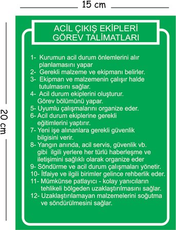 Metal Acil Çıkış Ekipleri Görev Talimatları 15x20 cm Uyarı İş Güvenliği Levhası