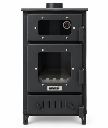 ThermAir Üç Camlı Fırınlı Pelet ve Odun Sobası – 35 m² Isıtma Alanı, Ayarlı Izgaralı Modern Soba