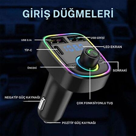 Cosmostech Car C2 Araç Fm Transmitter 5.3 Bluetooth Araç Kiti Hızlı Şarj Qc 3.1 Çift USB ve TYPE-C Mp3 Sd Kart Çakmaklık Girişli Oto Müzik Çalar