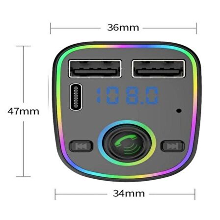 Cosmostech Car C2 Araç Fm Transmitter 5.3 Bluetooth Araç Kiti Hızlı Şarj Qc 3.1 Çift USB ve TYPE-C Mp3 Sd Kart Çakmaklık Girişli Oto Müzik Çalar