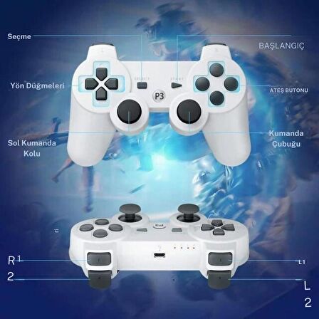 Cosmostech P3 Doubleshock PS3 Playstation 3 için Uyumlu Kablosuz Titreşimli Oyun Kolu Gamepad Joystick Controller Beyaz