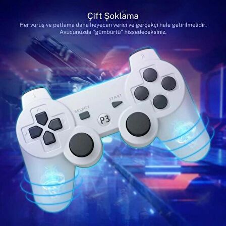 Cosmostech P3 Doubleshock PS3 Playstation 3 için Uyumlu Kablosuz Titreşimli Oyun Kolu Gamepad Joystick Controller Beyaz