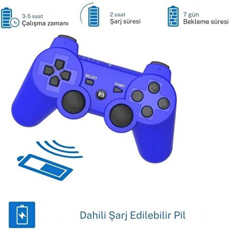 Cosmostech P3 Doubleshock PS3 Playstation 3 için Uyumlu Kablosuz Titreşimli Oyun Kolu Gamepad Joystick Controller Mavi