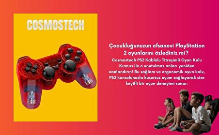 Cosmostech PS2 Controller Oyun Kolu , Titreşimli Gamepad Joystick Kırmızı