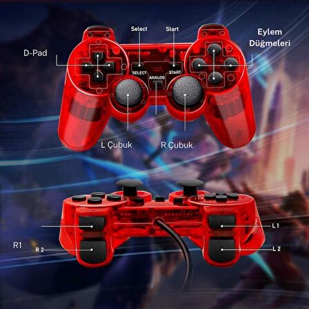 Cosmostech PS2 Controller Oyun Kolu , Titreşimli Gamepad Joystick Kırmızı