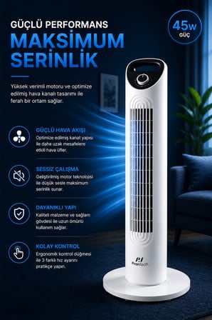 EV-30 Kule Tipi Vantilatör | Sessiz Çalışma | Şık ve Modern Tasarım | Ev ve Ofis Kullanımı