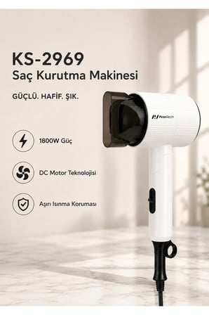 KS-2969 1800W 4 Kademeli Hız/Sıcaklık Ayarlı Yoğunlaştırıcı Başlıklı Saç Kurutma Makinesi