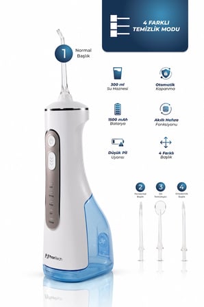 AquaDent Sensitive Ağız Duşu 4 Modlu 4 Başlıklı Type-C Şarjlı IPX7 40-130 PSI