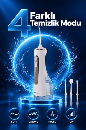 AquaDent Sensitive Ağız Duşu 4 Modlu 4 Başlıklı Type-C Şarjlı IPX7 40-130 PSI